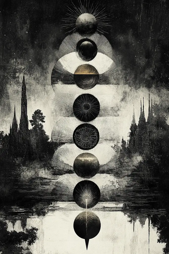 Midjourney generated image using SREF code Monochrome Alchemy: A black and white illustration of a pyramid of spheres in the middle of a lake.