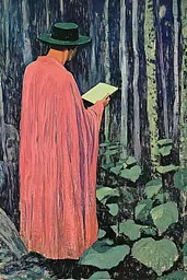 Midjourney generated image using SREF code Spectrum Serenade: A painting of a man in a red robe and green hat reading a book.