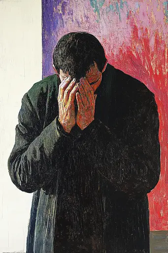 Midjourney generated image using SREF code Spectrum Serenade: A painting of a man covering his face with his hands.