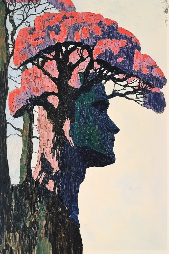 Midjourney generated image using SREF code Spectrum Serenade: A drawing of a man's head with a tree in the background.