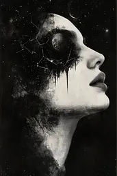 Midjourney generated image using SREF code Monochrome Alchemy: A black and white photo of a woman's face with stars in the background.