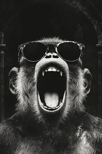 Midjourney generated image using SREF code Monochrome Alchemy: A monkey wearing sunglasses with its mouth open and teeth wide open.