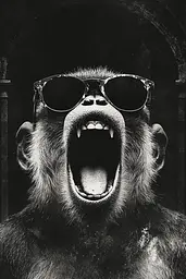 Midjourney generated image using SREF code Monochrome Alchemy: A monkey wearing sunglasses with its mouth open and teeth wide open.