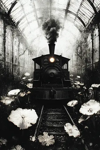 Midjourney generated image using SREF code Monochrome Alchemy: A black and white photo of a train in a train station.