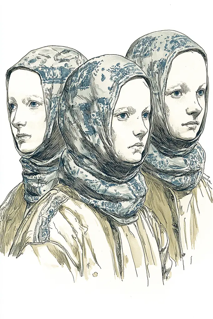 Midjourney generated image using SREF code Nature's Muse: A drawing of three women wearing headscarves. 