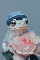 Midjourney generated image using SREF code Ethereal Veil: A frog wearing a hat sitting on top of a pink rose.