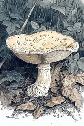 Midjourney generated image using SREF code Nature's Muse: A drawing of a mushroom in the woods.