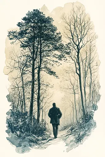 Midjourney generated image using SREF code Nature's Muse: A man walking down a path in the woods.