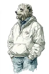 Midjourney generated image using SREF code Nature's Muse: A drawing of a bear wearing a jacket and jeans.