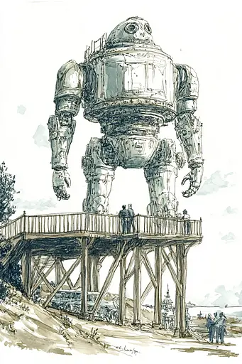 Midjourney generated image using SREF code Nature's Muse: A drawing of a giant robot standing on top of a bridge.