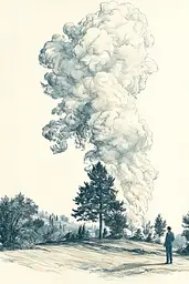 Midjourney generated image using SREF code Nature's Muse: A drawing of a man standing in front of a large plume of smoke.