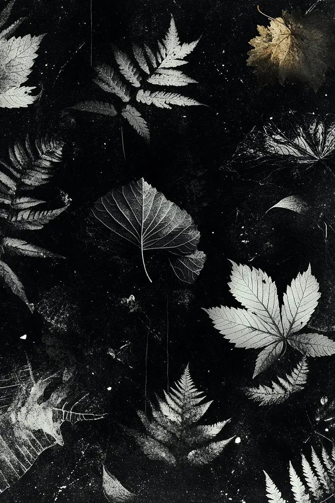 Midjourney generated image using SREF code Monochrome Alchemy: A black and white photo of leaves on a black background.