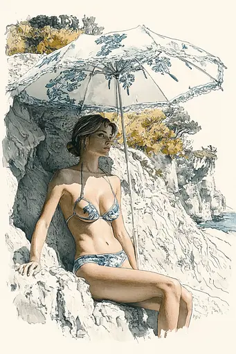 Midjourney generated image using SREF code Nature's Muse: A woman in a bikini sitting on a rock under an umbrella.