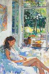 Midjourney generated image using SREF code Chroma Murmurs: A painting of a woman sitting on a couch in front of a window.