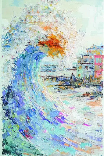 Midjourney generated image using SREF code Chroma Murmurs: A painting of a large wave in the ocean.