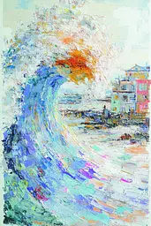 Midjourney generated image using SREF code Chroma Murmurs: A painting of a large wave in the ocean.