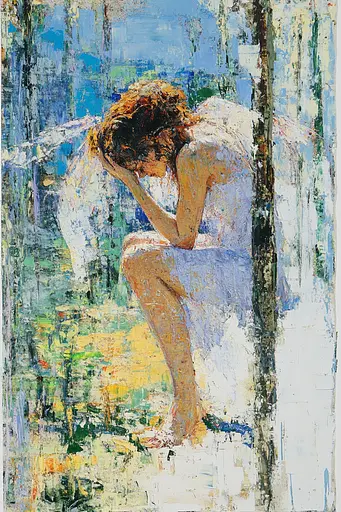 Midjourney generated image using SREF code Chroma Murmurs: A painting of a woman sitting on the ground.