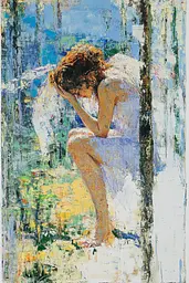 Midjourney generated image using SREF code Chroma Murmurs: A painting of a woman sitting on the ground.