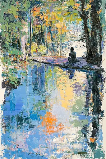 Midjourney generated image using SREF code Chroma Murmurs: A painting of a person sitting on a rock in the middle of a pond.