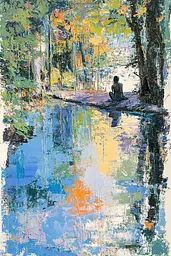 Midjourney generated image using SREF code Chroma Murmurs: A painting of a person sitting on a rock in the middle of a pond.
