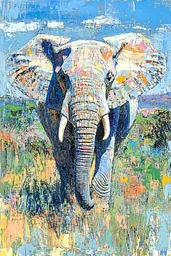 Midjourney generated image using SREF code Chroma Murmurs: A painting of an elephant standing in a field.