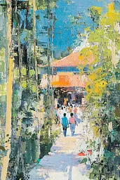 Midjourney generated image using SREF code Chroma Murmurs: A painting of people walking down a path in the woods.