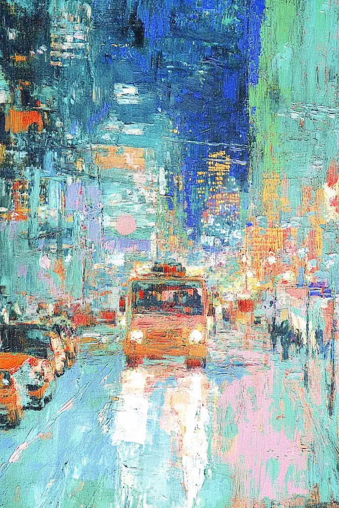 Midjourney generated image using SREF code Chroma Murmurs: A painting of a city street at night. 