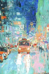 Midjourney generated image using SREF code Chroma Murmurs: A painting of a city street at night. 