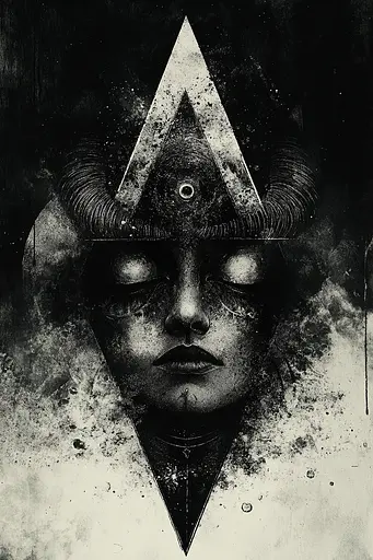 Midjourney generated image using SREF code Monochrome Alchemy: A black and white illustration of a woman's face with horns.