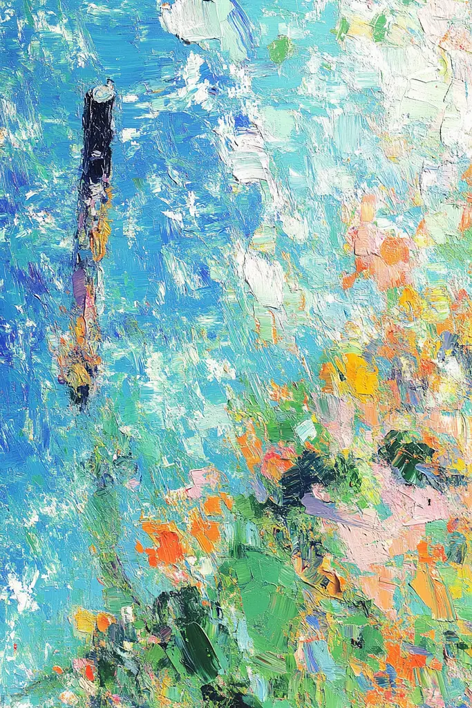 Midjourney generated image using SREF code Chroma Murmurs: A painting of a blue sky with white clouds and colorful flowers.