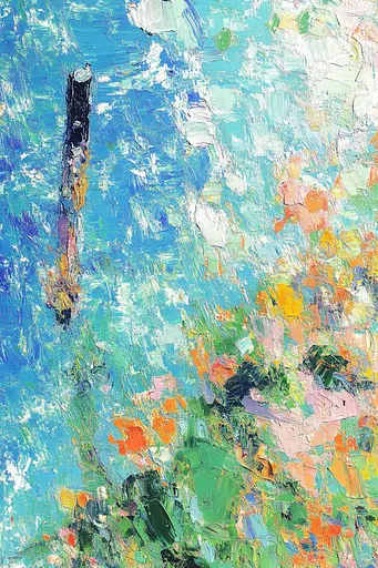 Midjourney generated image using SREF code Chroma Murmurs: A painting of a blue sky with white clouds and colorful flowers.
