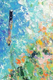 Midjourney generated image using SREF code Chroma Murmurs: A painting of a blue sky with white clouds and colorful flowers.