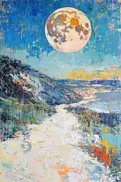Midjourney generated image using SREF code Chroma Murmurs: A painting of a path leading to a full moon.