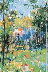 Midjourney generated image using SREF code Chroma Murmurs: A painting of a forest with trees and flowers.