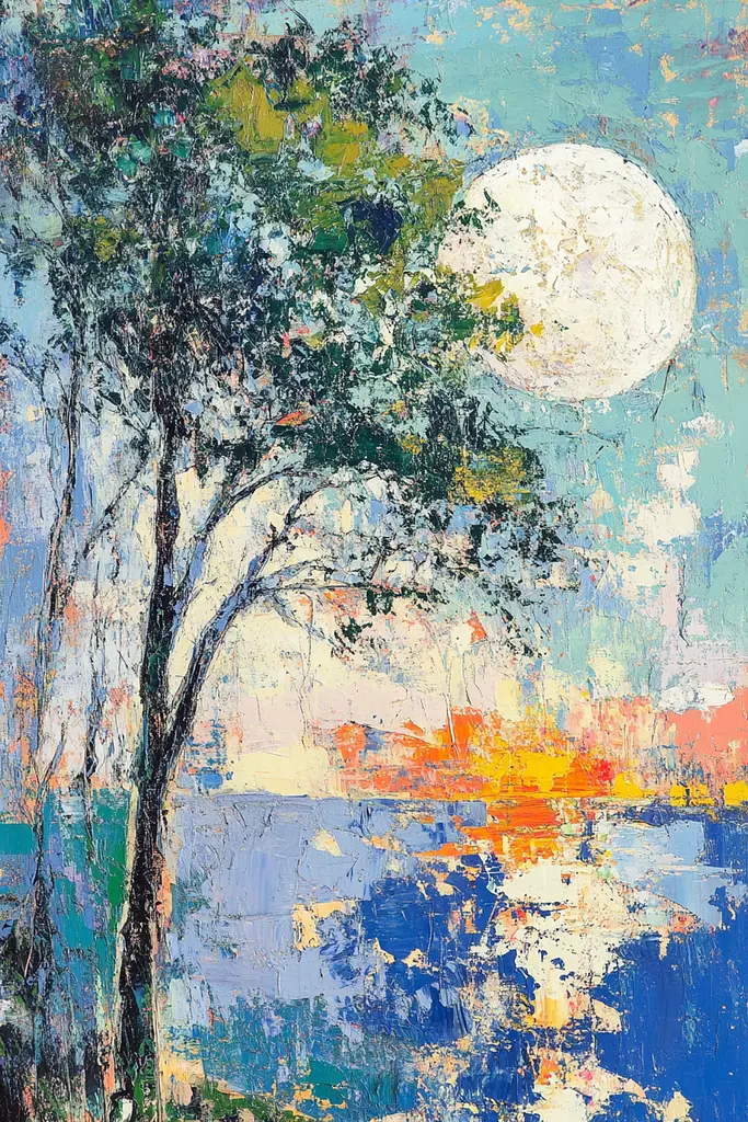 Midjourney generated image using SREF code Chroma Murmurs: A painting of a tree with a full moon in the background.