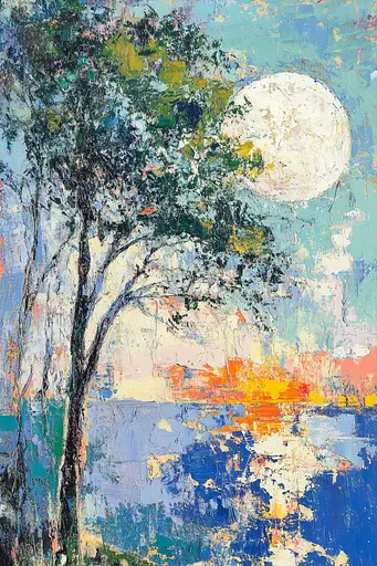 Midjourney generated image using SREF code Chroma Murmurs: A painting of a tree with a full moon in the background.