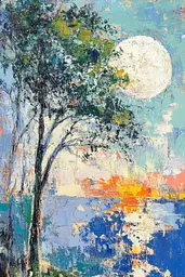 Midjourney generated image using SREF code Chroma Murmurs: A painting of a tree with a full moon in the background.