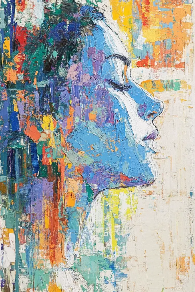 Midjourney generated image using SREF code Chroma Murmurs: A painting of a woman's face with her eyes closed.