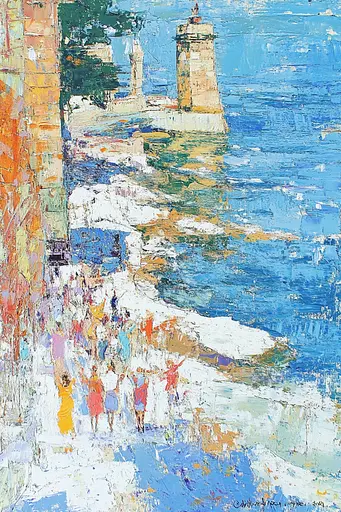 Midjourney generated image using SREF code Chroma Murmurs: A painting of people walking along the beach near a lighthouse.