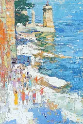 Midjourney generated image using SREF code Chroma Murmurs: A painting of people walking along the beach near a lighthouse.