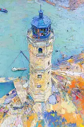 Midjourney generated image using SREF code Chroma Murmurs: A painting of a lighthouse in the middle of a body of water.