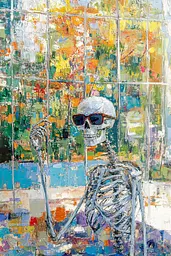 Midjourney generated image using SREF code Chroma Murmurs: A painting of a skeleton wearing sunglasses in front of a window.