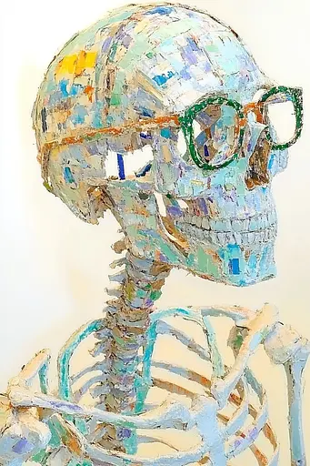Midjourney generated image using SREF code Chroma Murmurs: A skeleton with glasses on it's head. 