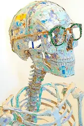 Midjourney generated image using SREF code Chroma Murmurs: A skeleton with glasses on it's head. 
