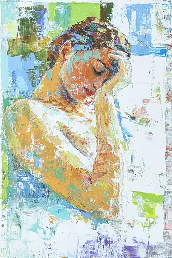 Midjourney generated image using SREF code Chroma Murmurs: A painting of a woman with her head in her hands.