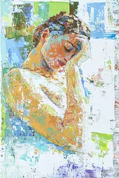 Midjourney generated image using SREF code Chroma Murmurs: A painting of a woman with her head in her hands.