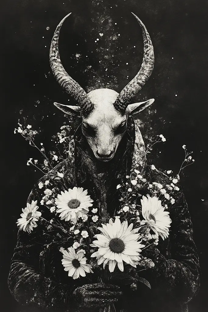 Midjourney generated image using SREF code Monochrome Alchemy: A black and white photo of a goat with flowers in its mouth.