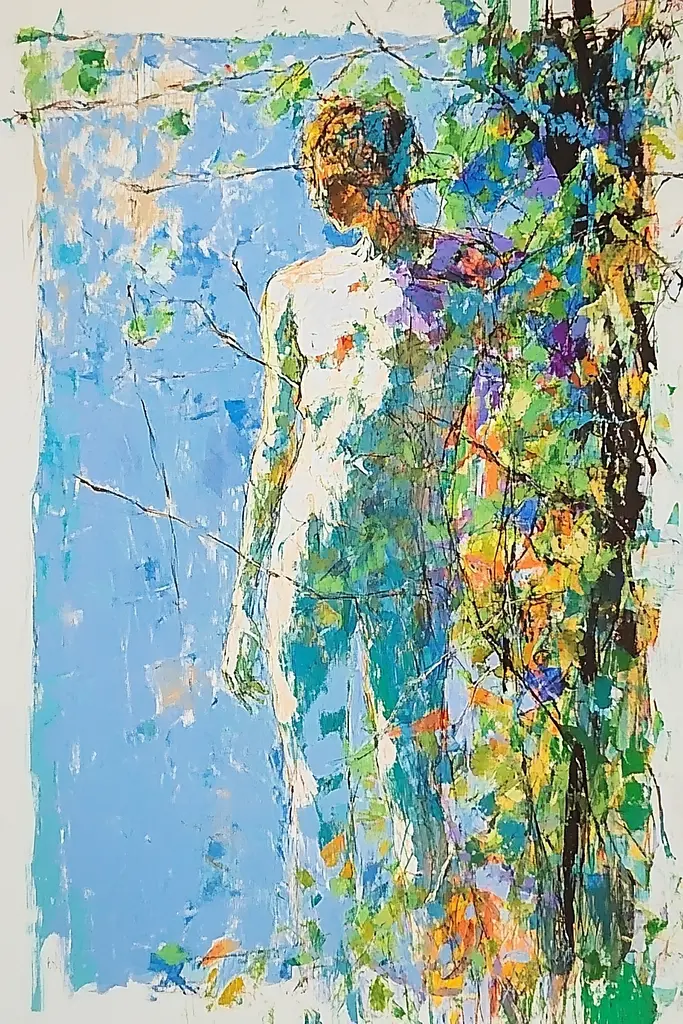 Midjourney generated image using SREF code Chroma Murmurs: A painting of a man standing in front of a tree.