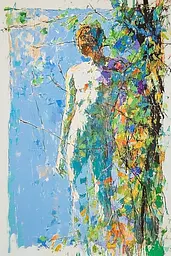 Midjourney generated image using SREF code Chroma Murmurs: A painting of a man standing in front of a tree.