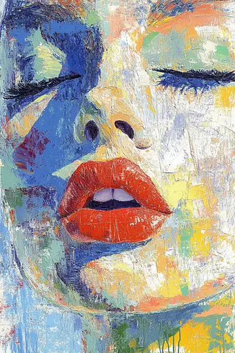 Midjourney generated image using SREF code Chroma Murmurs: A painting of a woman's face with red lips.